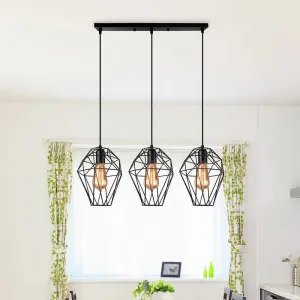 Geometric Vintage Ceiling Pendant Lamp - Metallic Black, Suspended Light with 3 Bulbs, Cage Shade, Round/Linear Canopy