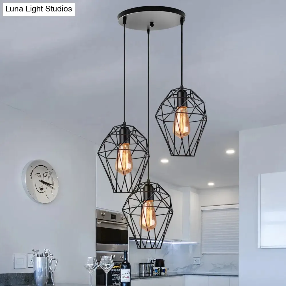 Geometric Vintage Ceiling Pendant Lamp - Metallic Black, Suspended Light with 3 Bulbs, Cage Shade, Round/Linear Canopy