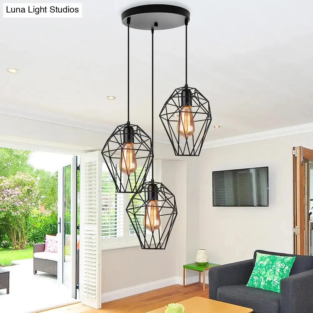 Geometric Vintage Ceiling Pendant Lamp - Metallic Black, Suspended Light with 3 Bulbs, Cage Shade, Round/Linear Canopy