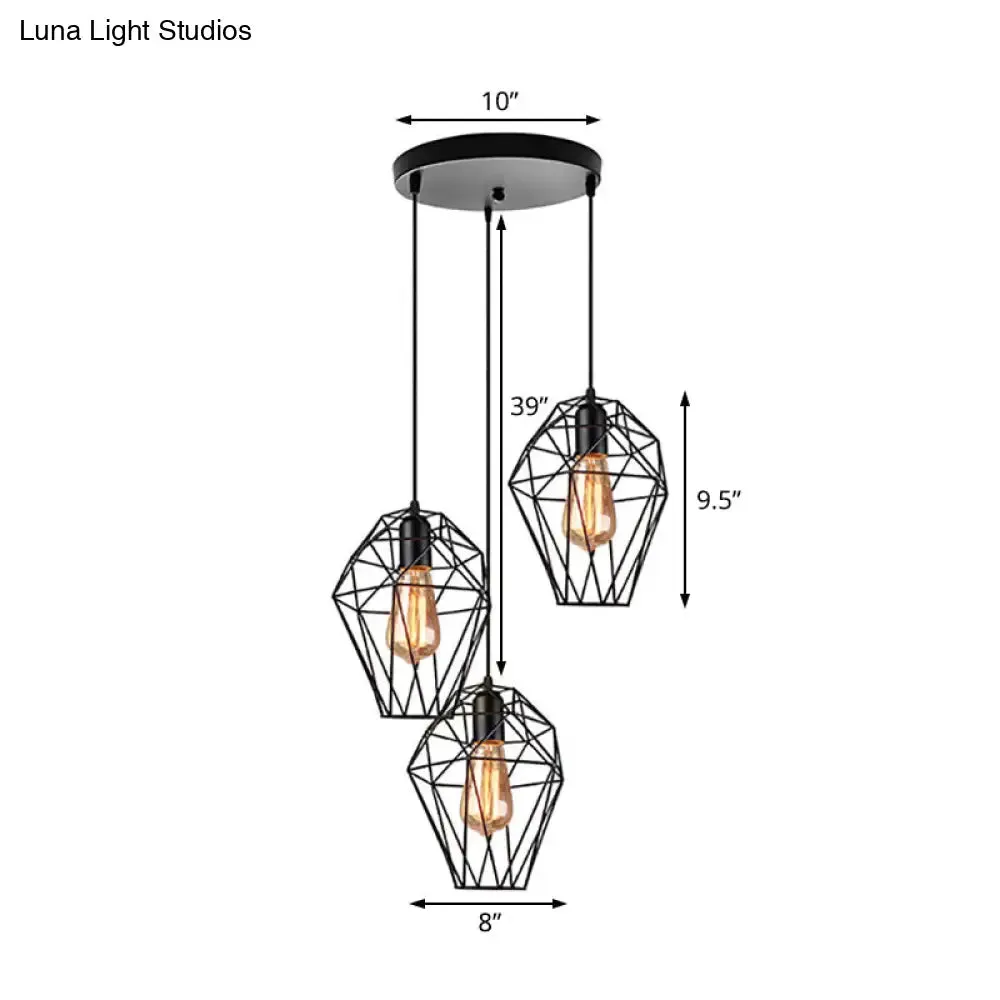 Geometric Vintage Ceiling Pendant Lamp - Metallic Black, Suspended Light with 3 Bulbs, Cage Shade, Round/Linear Canopy