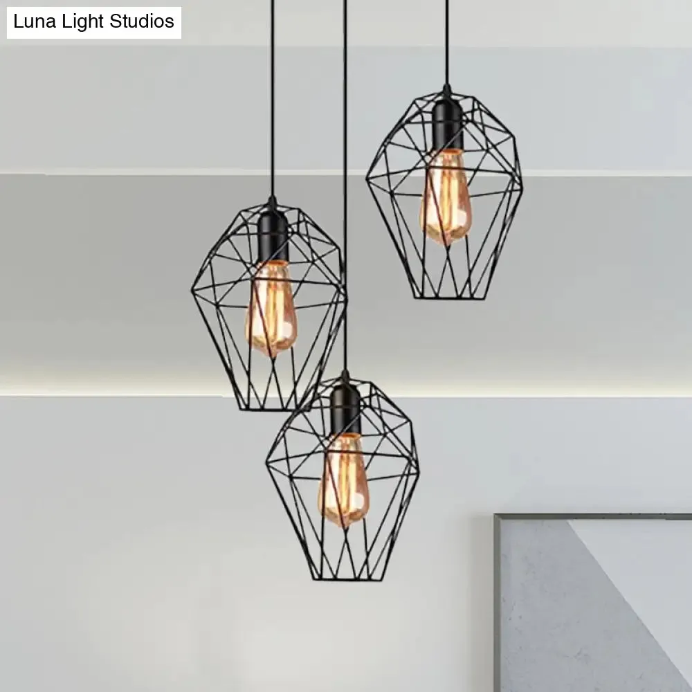 Geometric Vintage Ceiling Pendant Lamp - Metallic Black, Suspended Light with 3 Bulbs, Cage Shade, Round/Linear Canopy