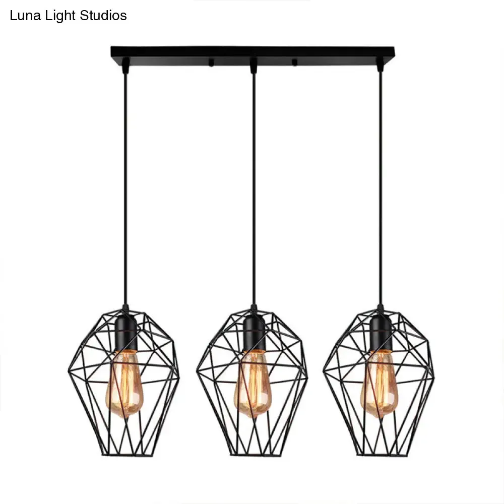 Geometric Vintage Ceiling Pendant Lamp - Metallic Black, Suspended Light with 3 Bulbs, Cage Shade, Round/Linear Canopy