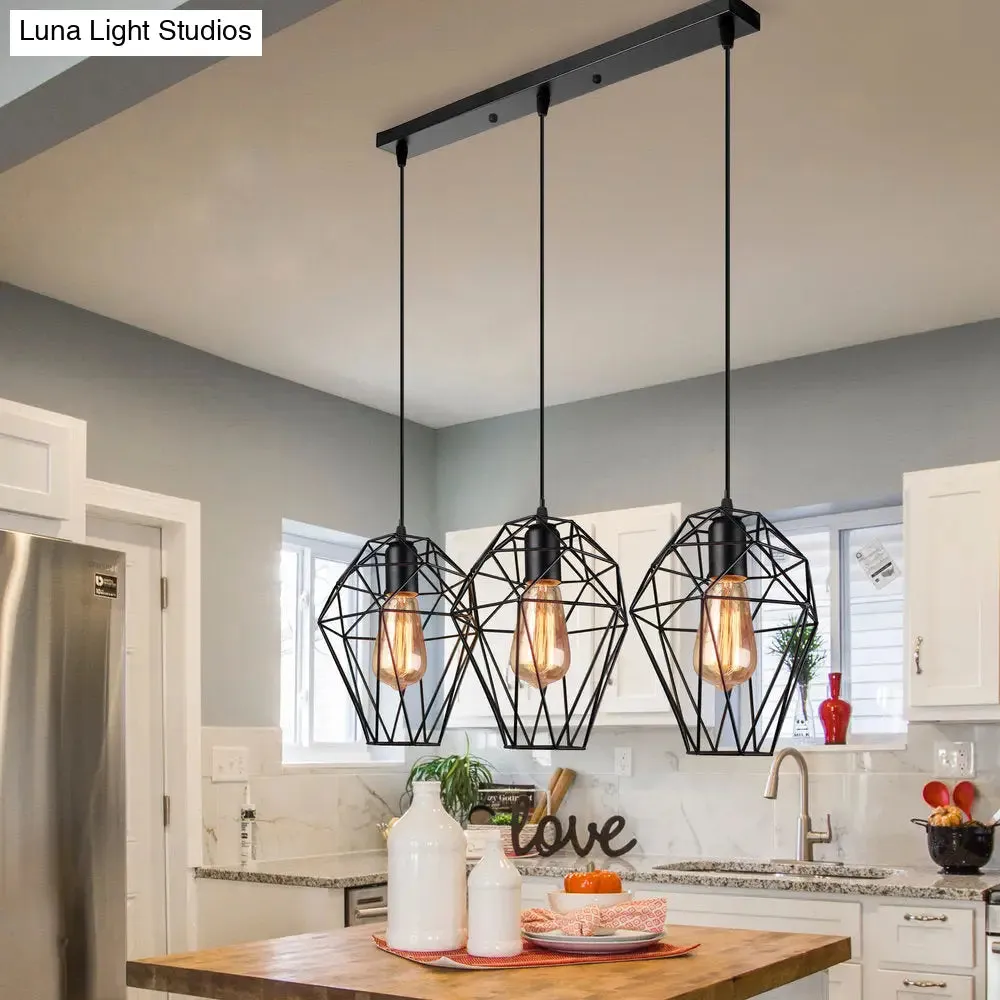 Geometric Vintage Ceiling Pendant Lamp - Metallic Black, Suspended Light with 3 Bulbs, Cage Shade, Round/Linear Canopy