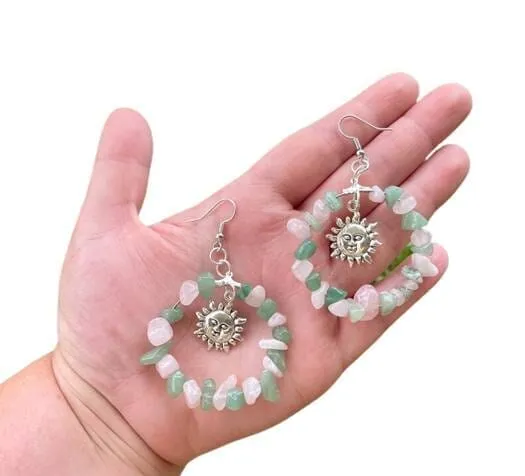 Green Aventurine and Rose Quartz Sun Hoop Earrings