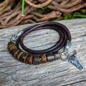 Handmade Raw Baltic Amber Leather Cow Skull Wrap Bracelet