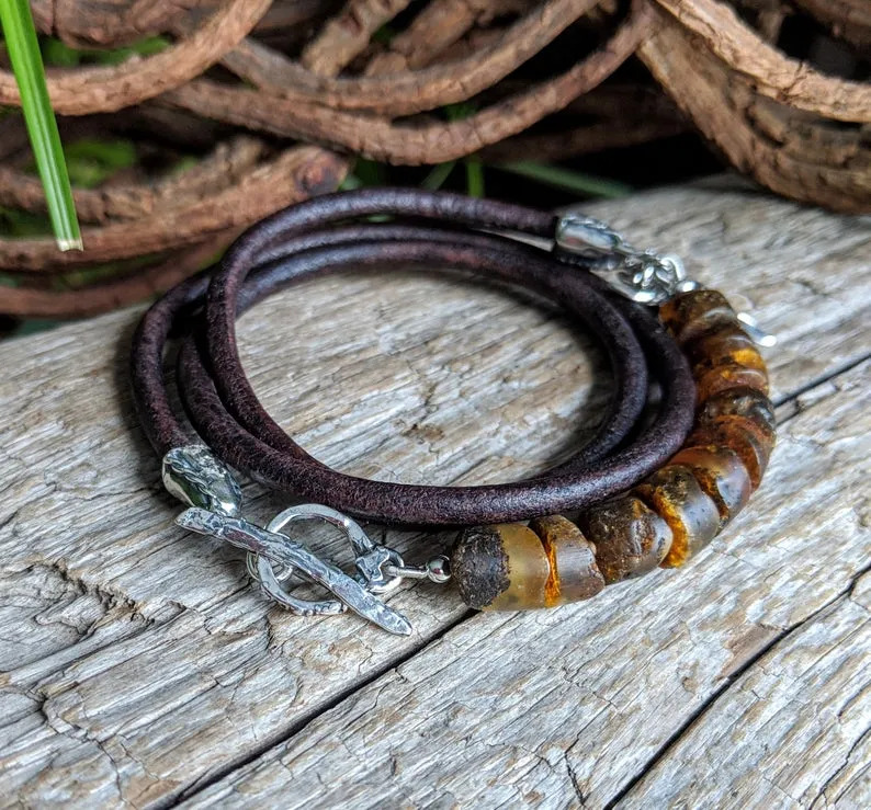 Handmade Raw Baltic Amber Leather Cow Skull Wrap Bracelet