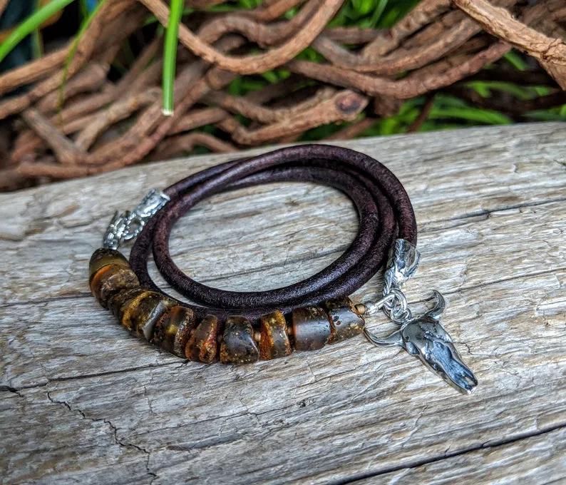 Handmade Raw Baltic Amber Leather Cow Skull Wrap Bracelet