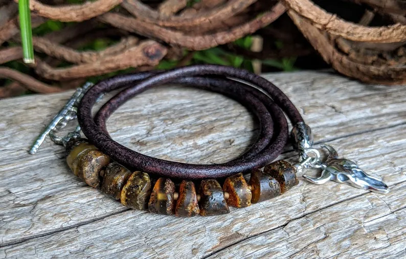 Handmade Raw Baltic Amber Leather Cow Skull Wrap Bracelet