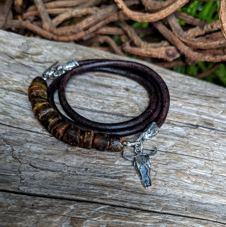 Handmade Raw Baltic Amber Leather Cow Skull Wrap Bracelet