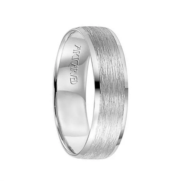 HARLAN 14k White Gold Wedding Band Satin Brushed Center Finish with Beveled Polished Edges - 6mm