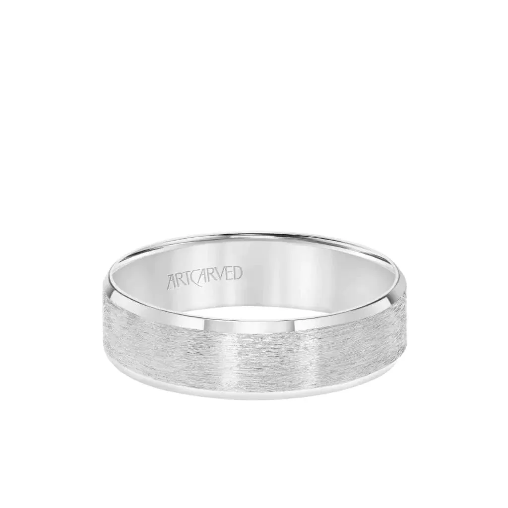 HARLAN 14k White Gold Wedding Band Satin Brushed Center Finish with Beveled Polished Edges - 6mm