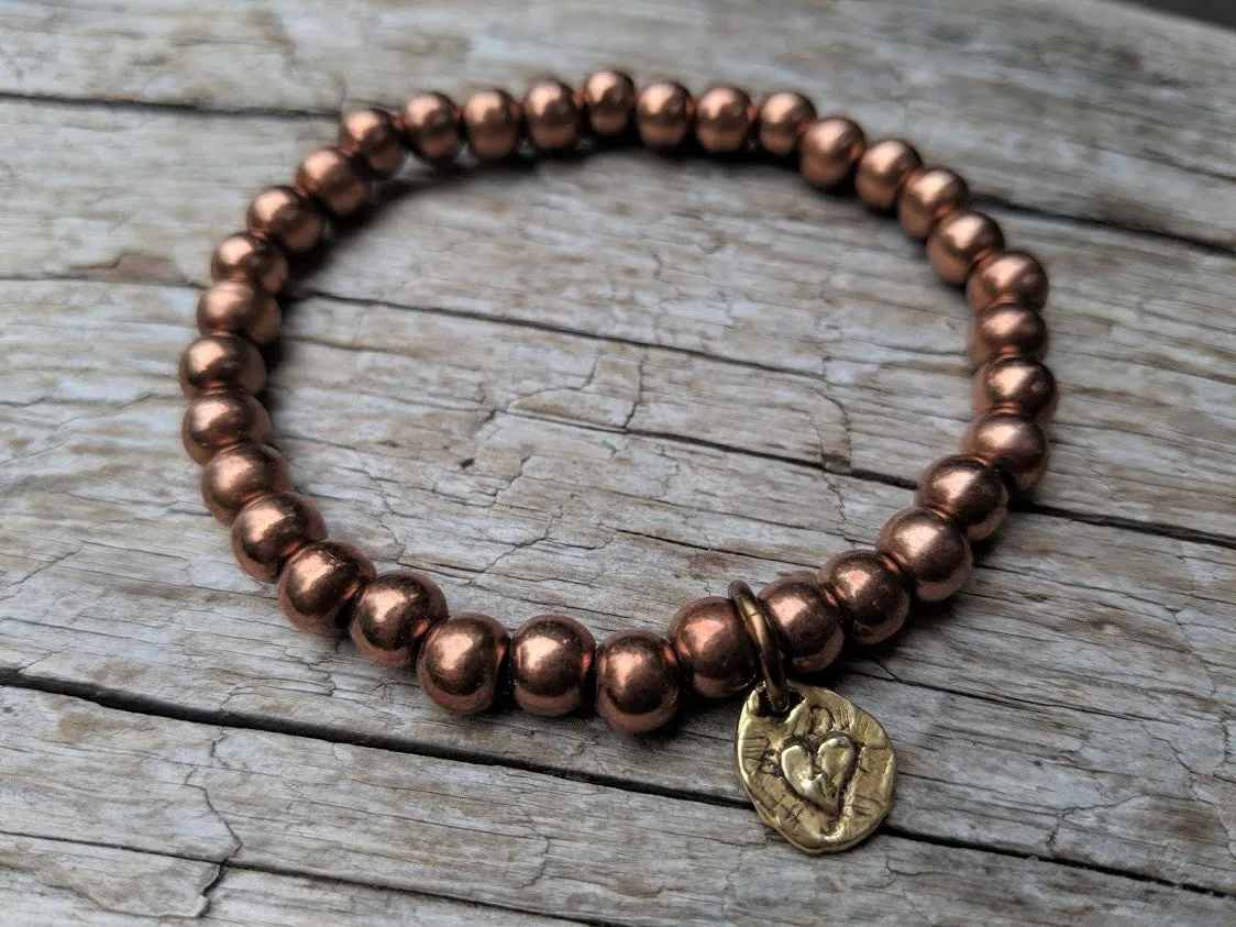 Heart Charm & Copper Elastic Geometric Bracelet