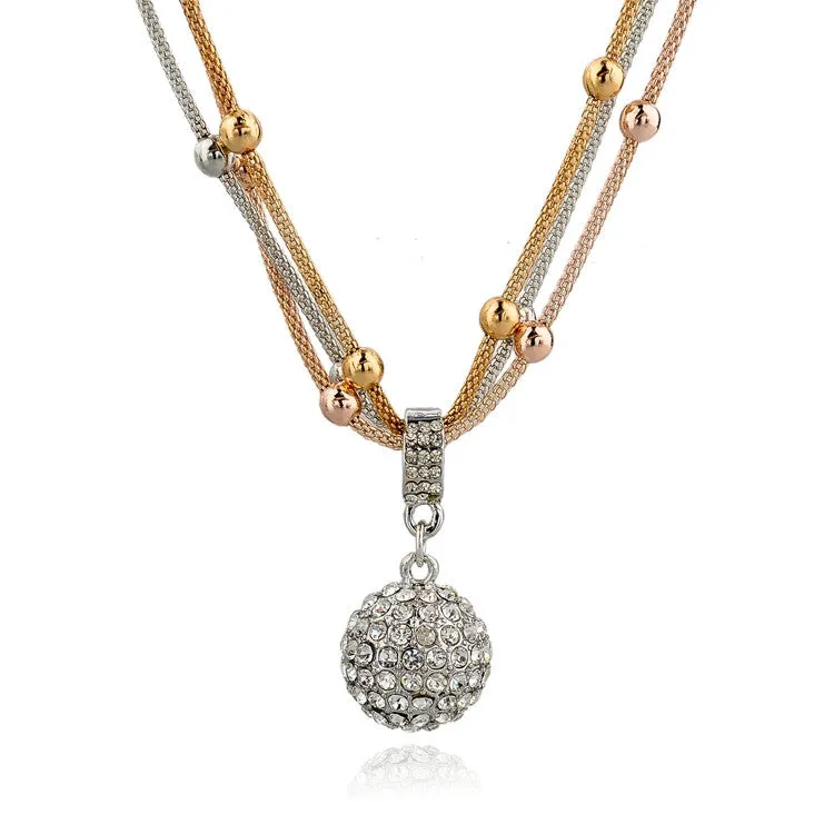 Hot Sale Women Long Necklace Gold Plated Chain Necklace Full Rhinestone Ball Pendant Necklace