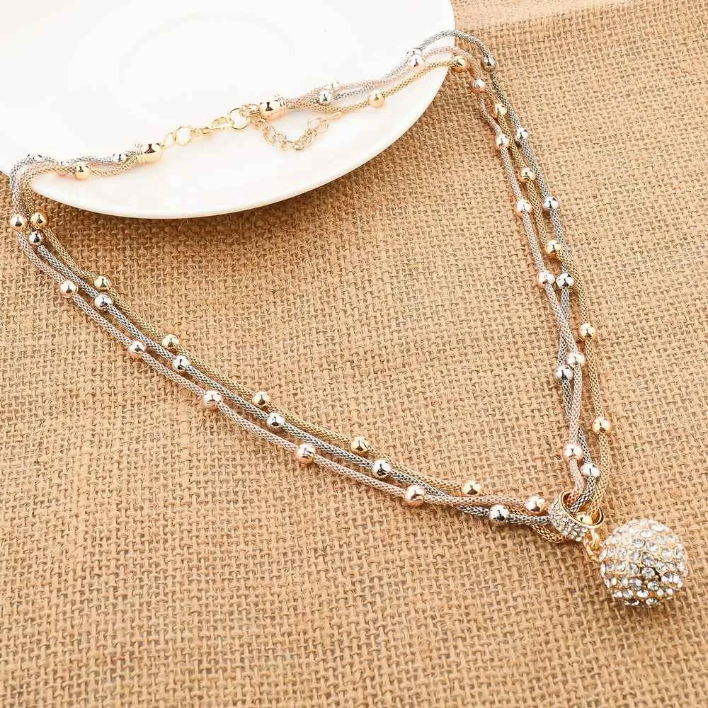 Hot Sale Women Long Necklace Gold Plated Chain Necklace Full Rhinestone Ball Pendant Necklace