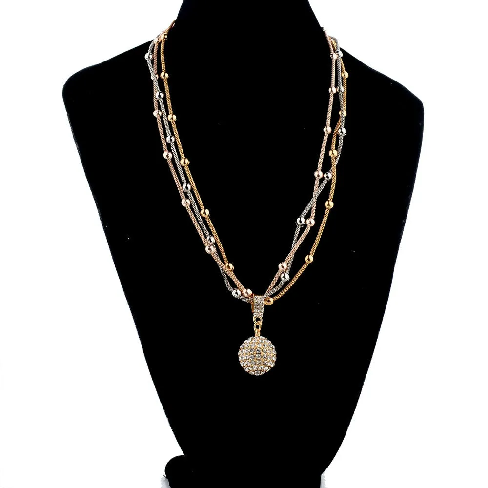 Hot Sale Women Long Necklace Gold Plated Chain Necklace Full Rhinestone Ball Pendant Necklace