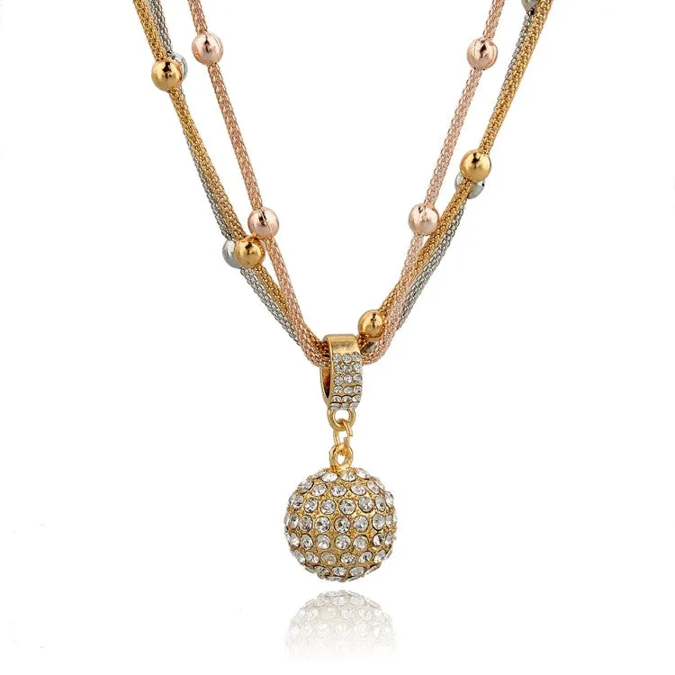 Hot Sale Women Long Necklace Gold Plated Chain Necklace Full Rhinestone Ball Pendant Necklace