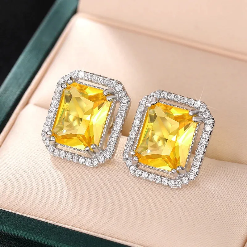 Huitan Geometric Stud Earrings with Yellow Cubic Zirconia Trendy Luxury Bright Color Earrings for Women Temperament Lady Jewelry