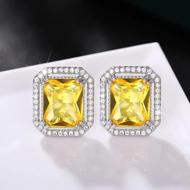 Huitan Geometric Stud Earrings with Yellow Cubic Zirconia Trendy Luxury Bright Color Earrings for Women Temperament Lady Jewelry