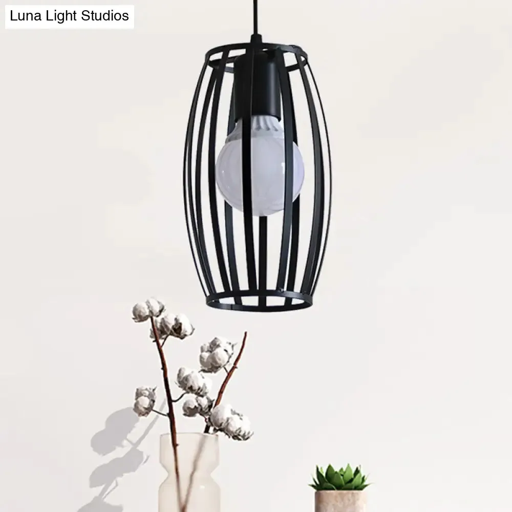 Industrial Bistro Cage Pendant Lamp - Black Barrel Shape, Hanging Lighting, Suspension Design