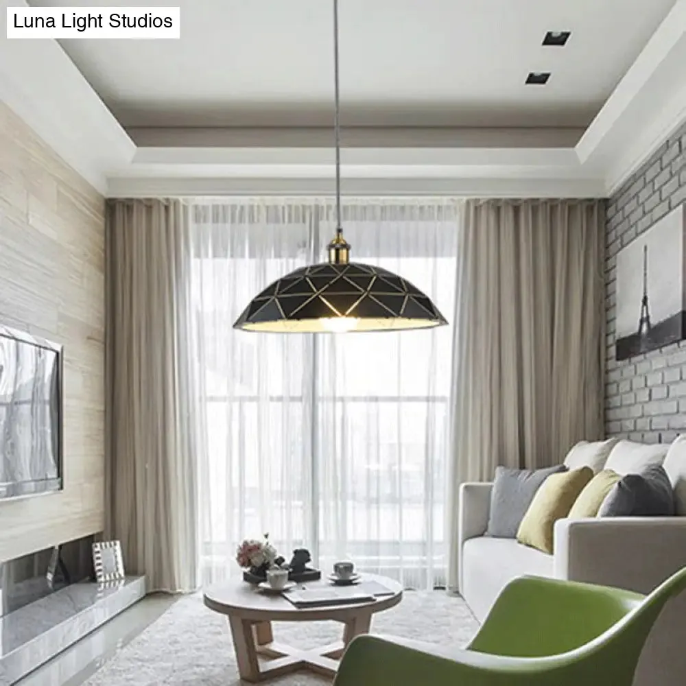 Industrial Black/White Metal Pendant Light for Living Room - 1 Light Dome Suspension Lamp, 13"/16"/19.5" Wide