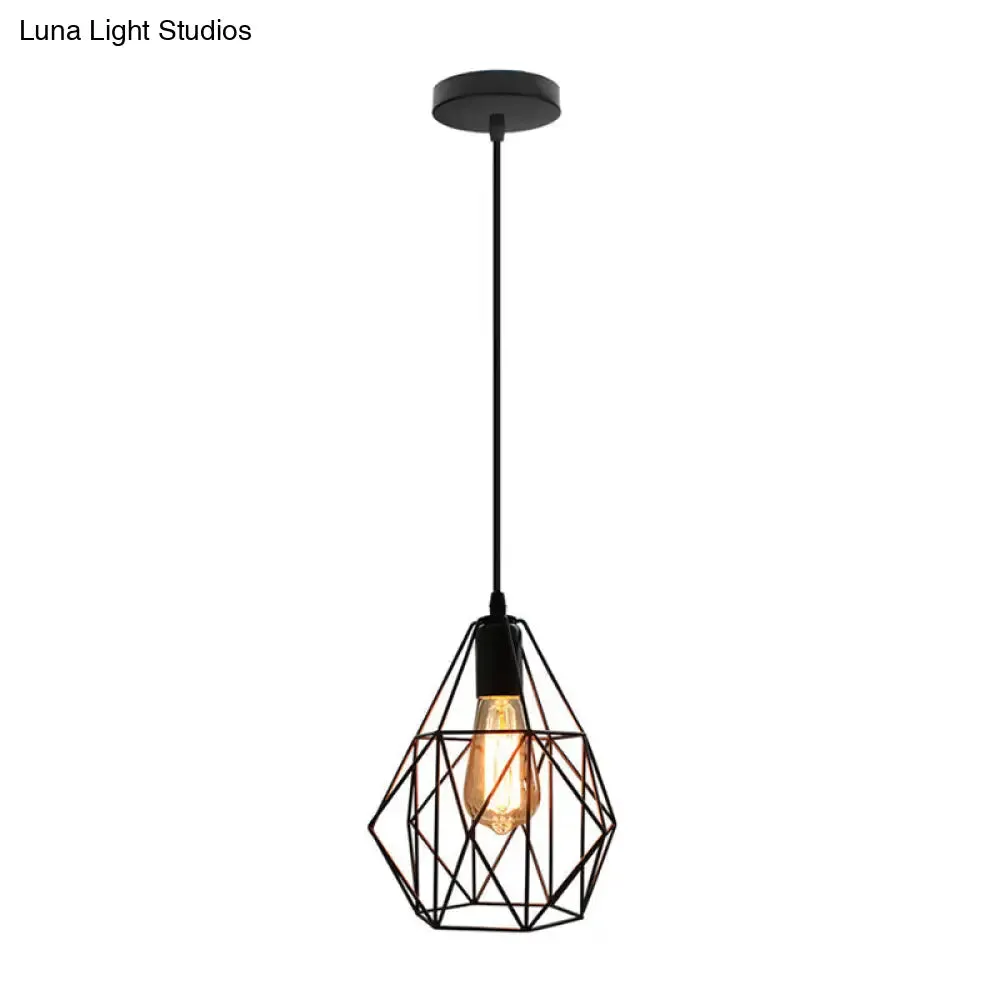 Industrial Diamond Cage Pendant Light in Black Finish - Perfect for Dining Room Ceilings