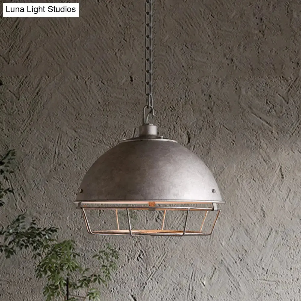 Industrial Iron Pendant Light Fixture with Aged Silver/Black Finish - Bowl Shape, Hooded Cage - Ideal for Restaurants