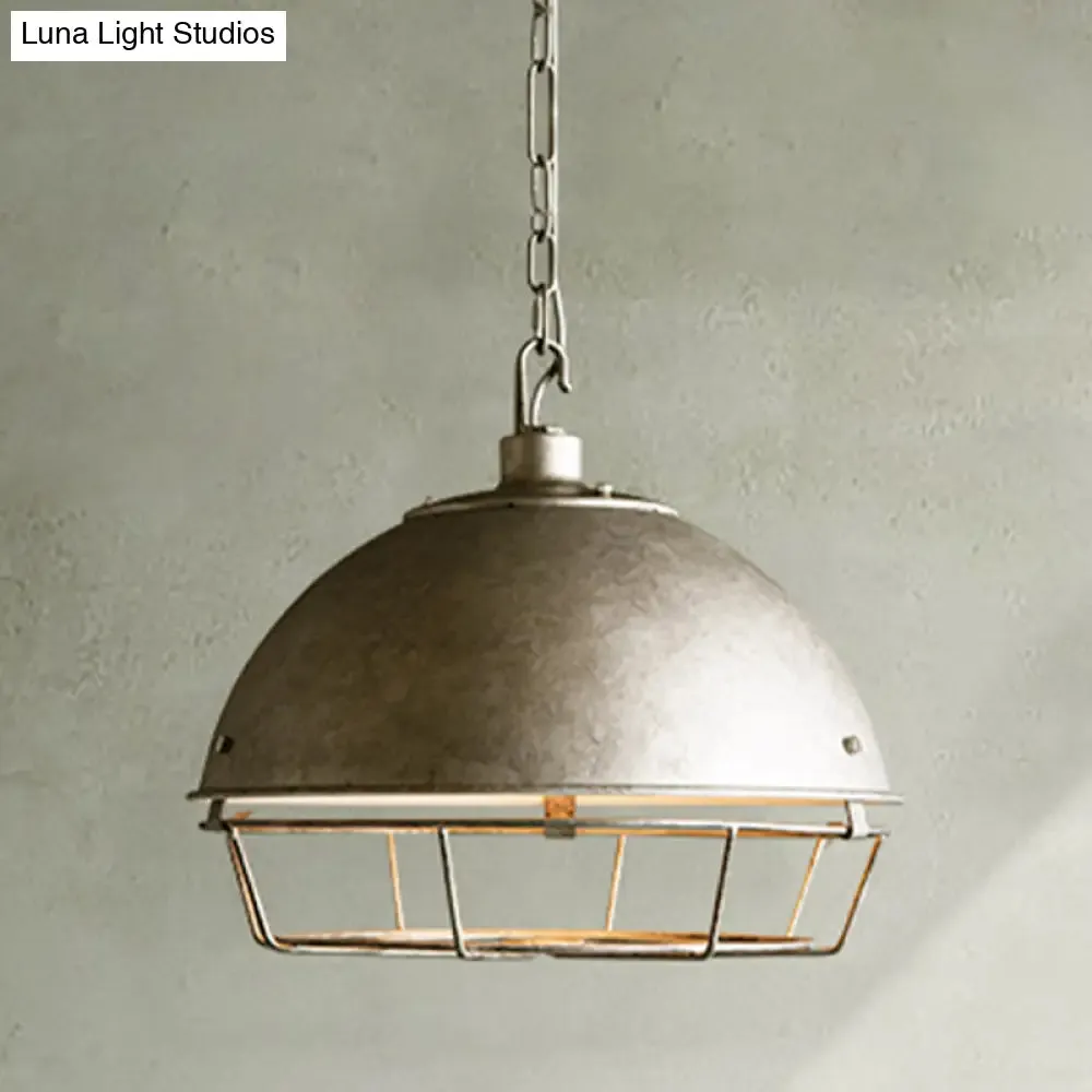 Industrial Iron Pendant Light Fixture with Aged Silver/Black Finish - Bowl Shape, Hooded Cage - Ideal for Restaurants