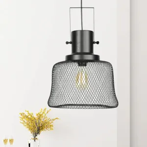 Industrial Mesh Cage Pendant Light - Black Metal Single Lamp for Living Room Hanging, with Shade