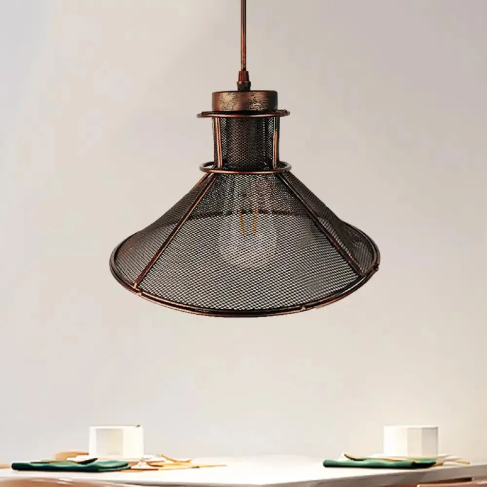 Industrial Mesh Cage Pendant Light with Cone Shade - Rust/Black Finish - Ideal for Restaurants - Single Bulb Ceiling Lamp