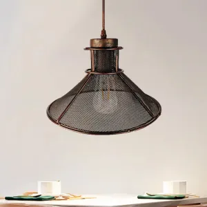 Industrial Mesh Cage Pendant Light with Cone Shade - Rust/Black Finish - Ideal for Restaurants - Single Bulb Ceiling Lamp