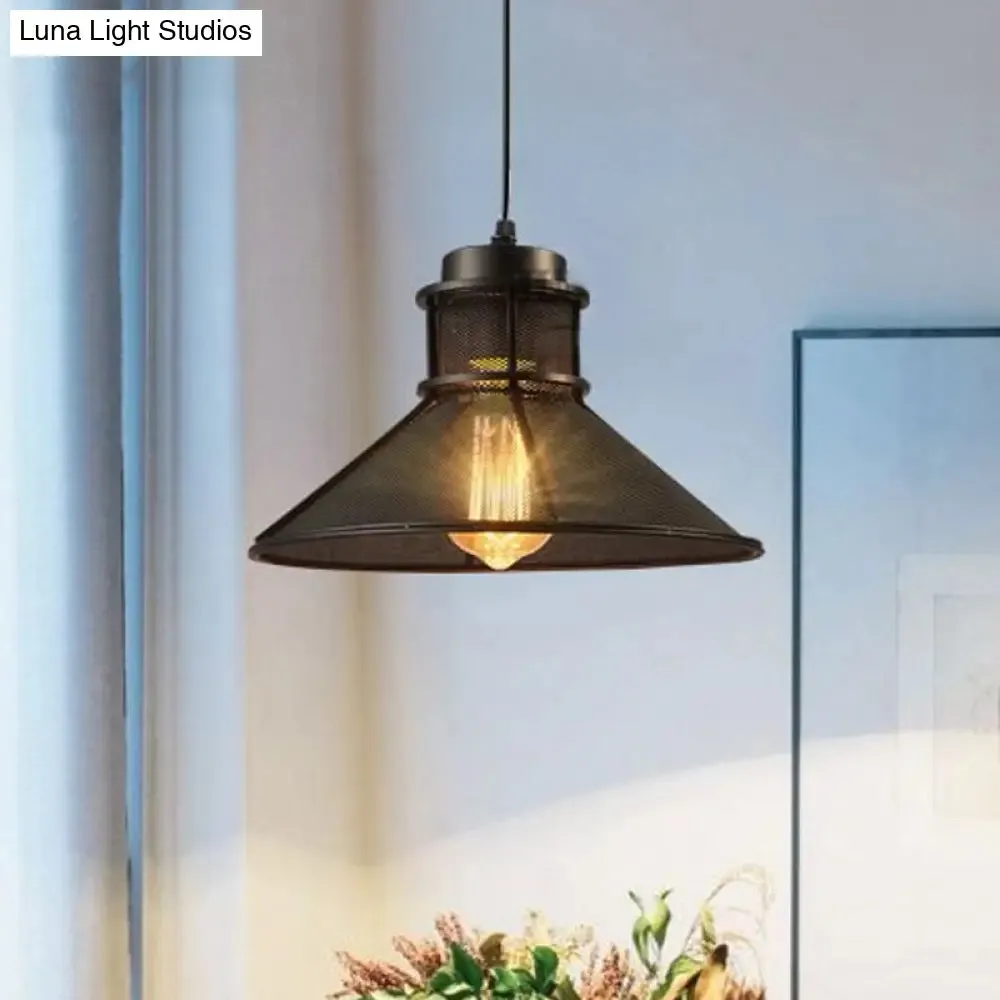 Industrial Mesh Cage Pendant Light with Cone Shade - Rust/Black Finish - Ideal for Restaurants - Single Bulb Ceiling Lamp