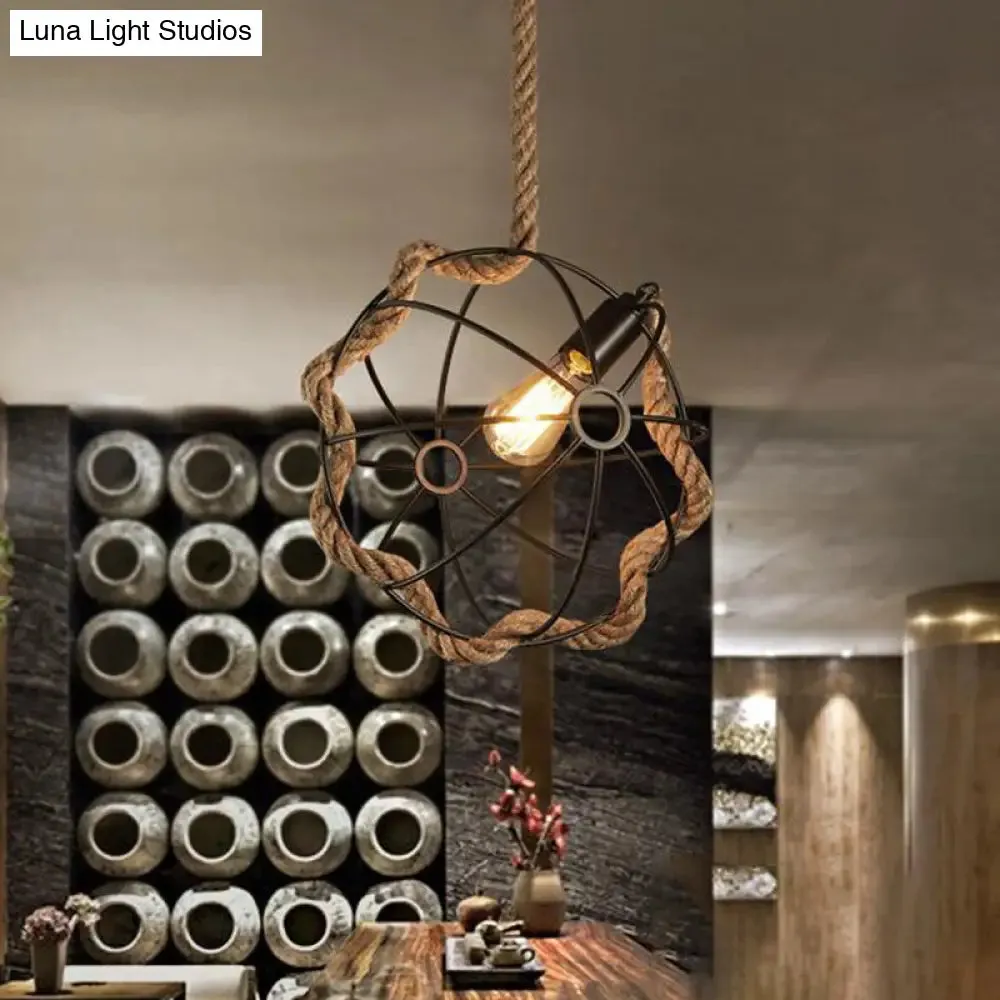 Industrial Metal Pendant Lamp with Globe Cage, 1-Light, Black/Pink/Green, Restaurant Down Lighting, Rope Cord