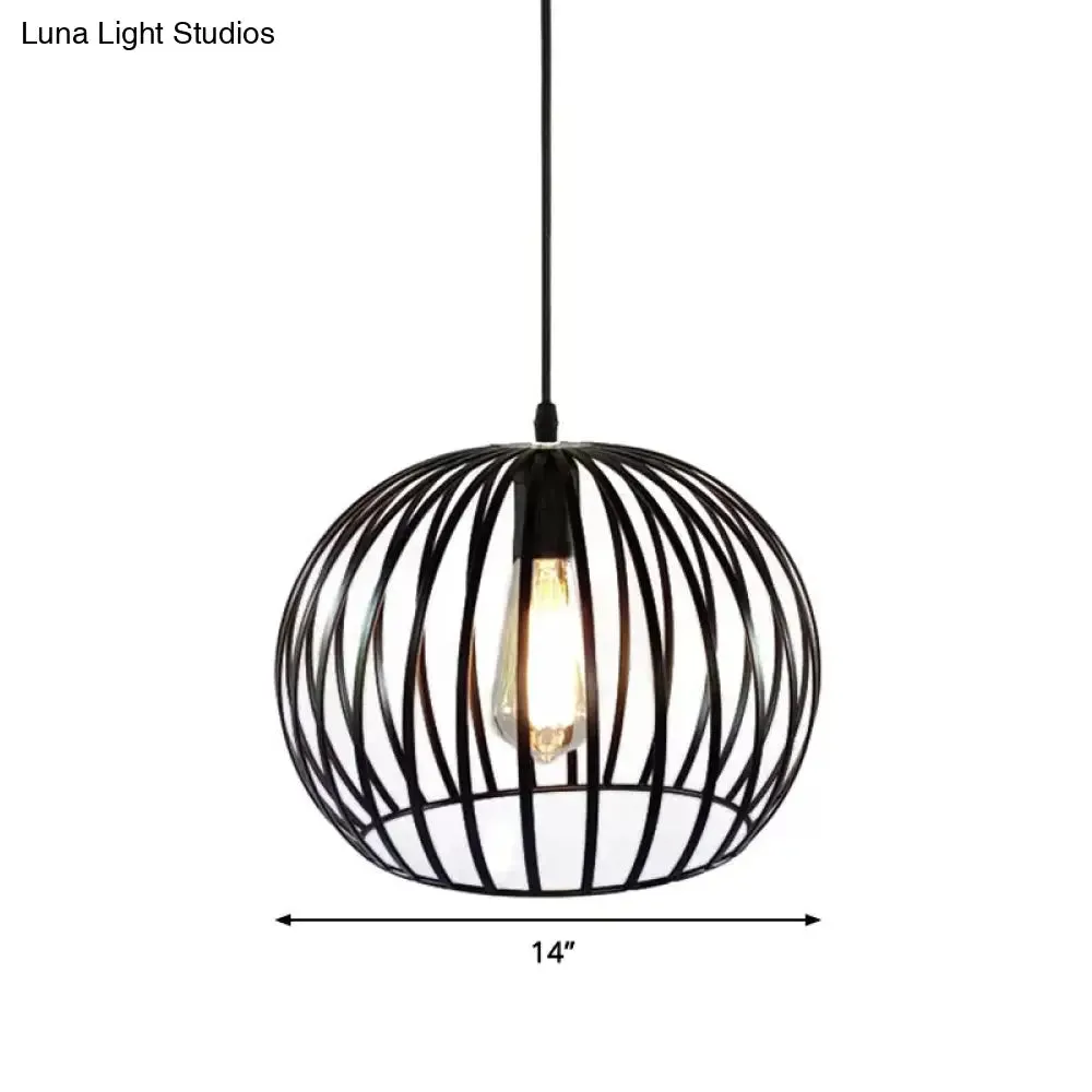 Industrial Metal Pendant Light in Satin Black - 12"/14" Wide Globe Cage, 1 Bulb, Perfect for Living Room