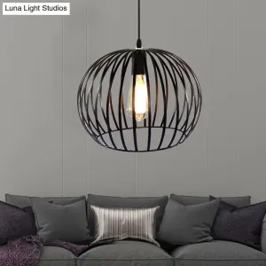 Industrial Metal Pendant Light in Satin Black - 12"/14" Wide Globe Cage, 1 Bulb, Perfect for Living Room