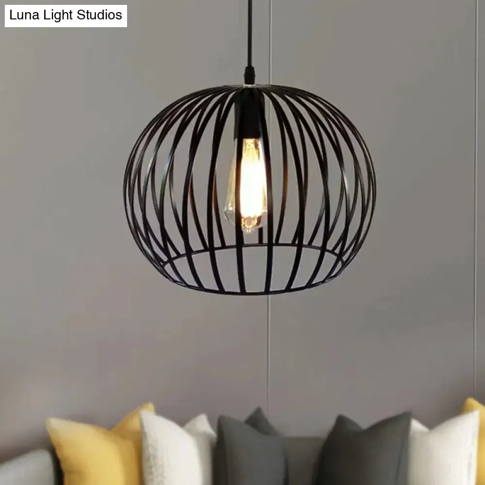 Industrial Metal Pendant Light in Satin Black - 12"/14" Wide Globe Cage, 1 Bulb, Perfect for Living Room