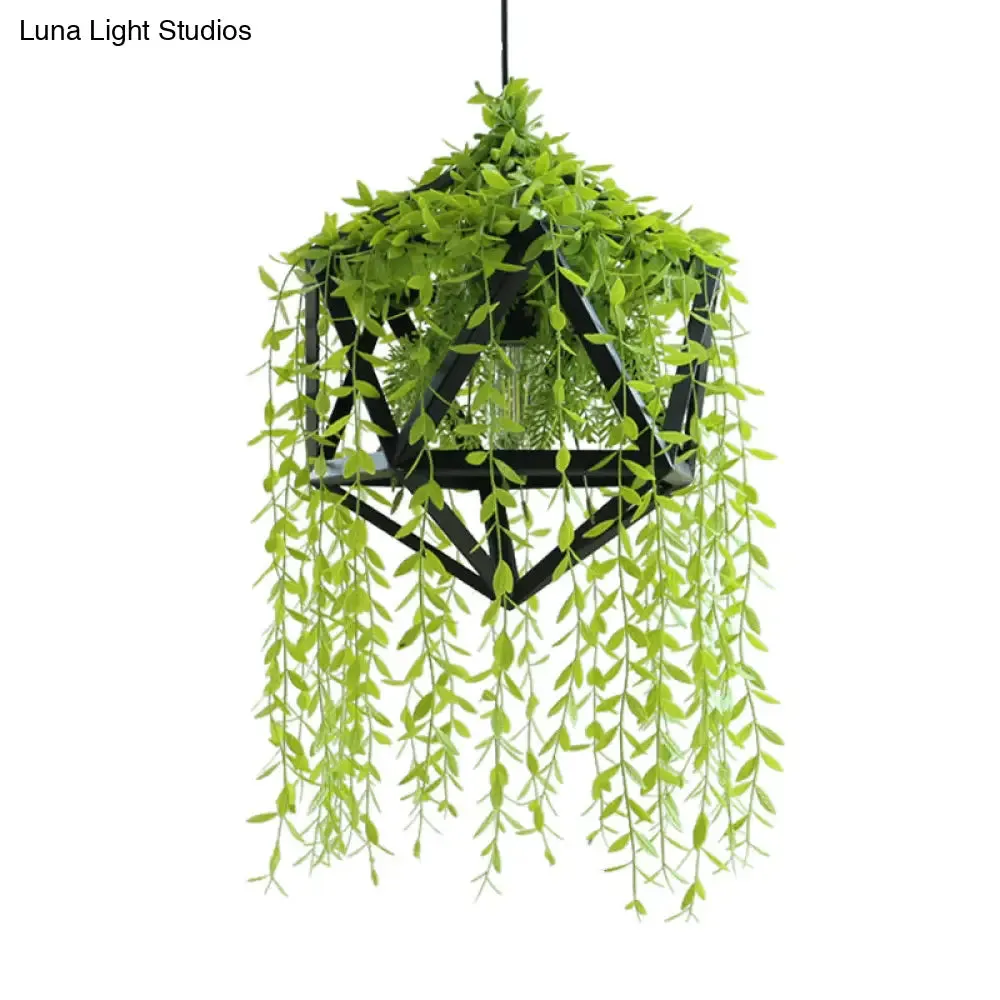 Industrial Metal Pendant Light with Black Faceted Design - 1 Head Dining Room Hanging Fixture, Fake Vine Deco Included