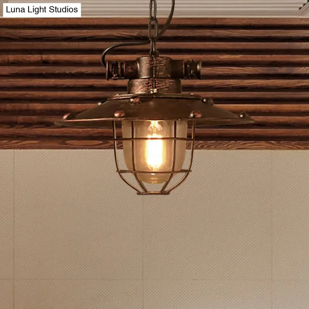 Industrial Rustic Cone Glass Pendant Ceiling Light with Cage - 1-Light Fixture