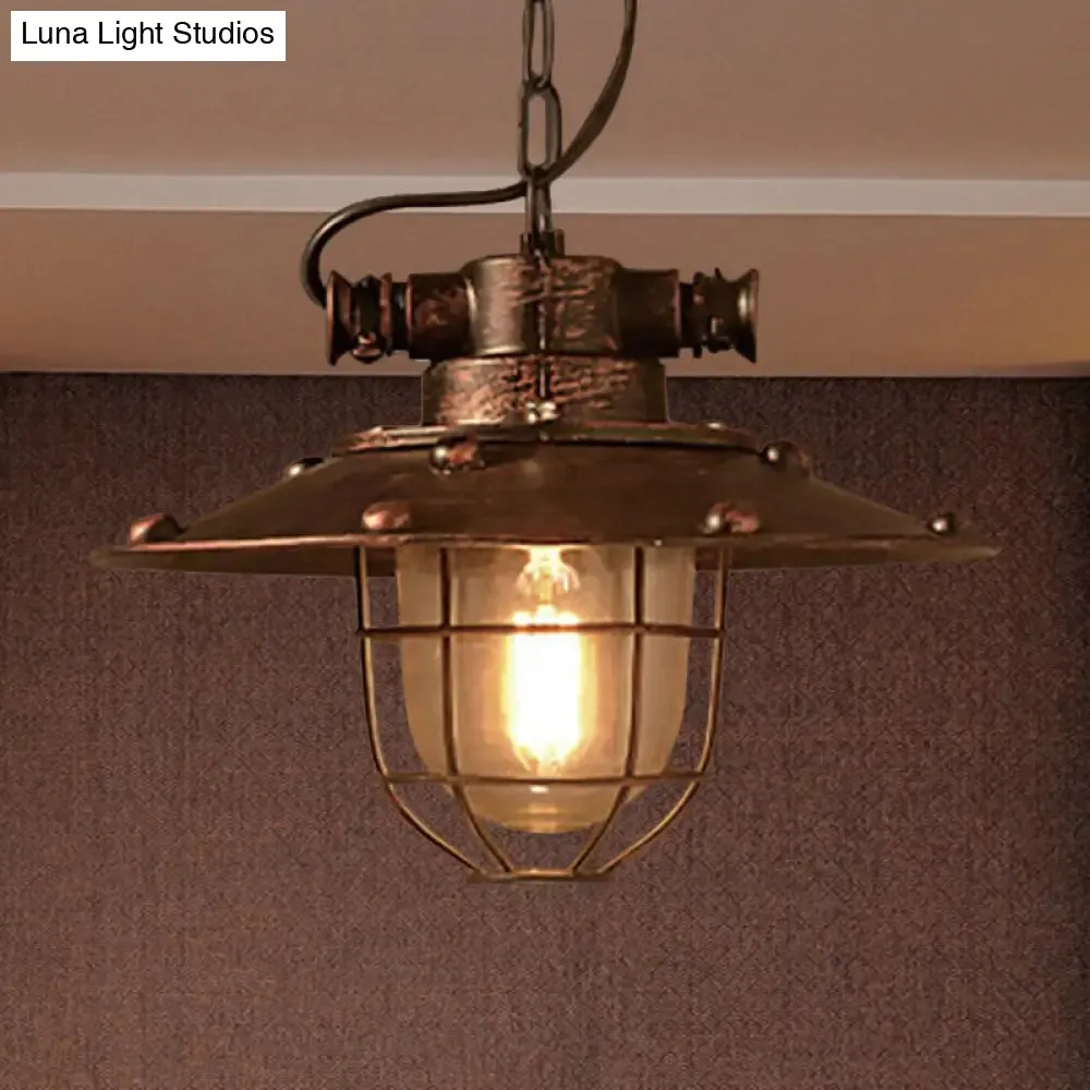 Industrial Rustic Cone Glass Pendant Ceiling Light with Cage - 1-Light Fixture