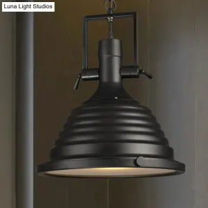 Industrial Style Black Pendant Lamp with Metallic Ripple Shade and Frosted Diffuser - 14"/16" Width