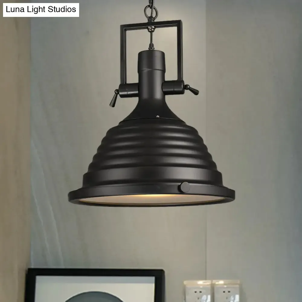 Industrial Style Black Pendant Lamp with Metallic Ripple Shade and Frosted Diffuser - 14"/16" Width