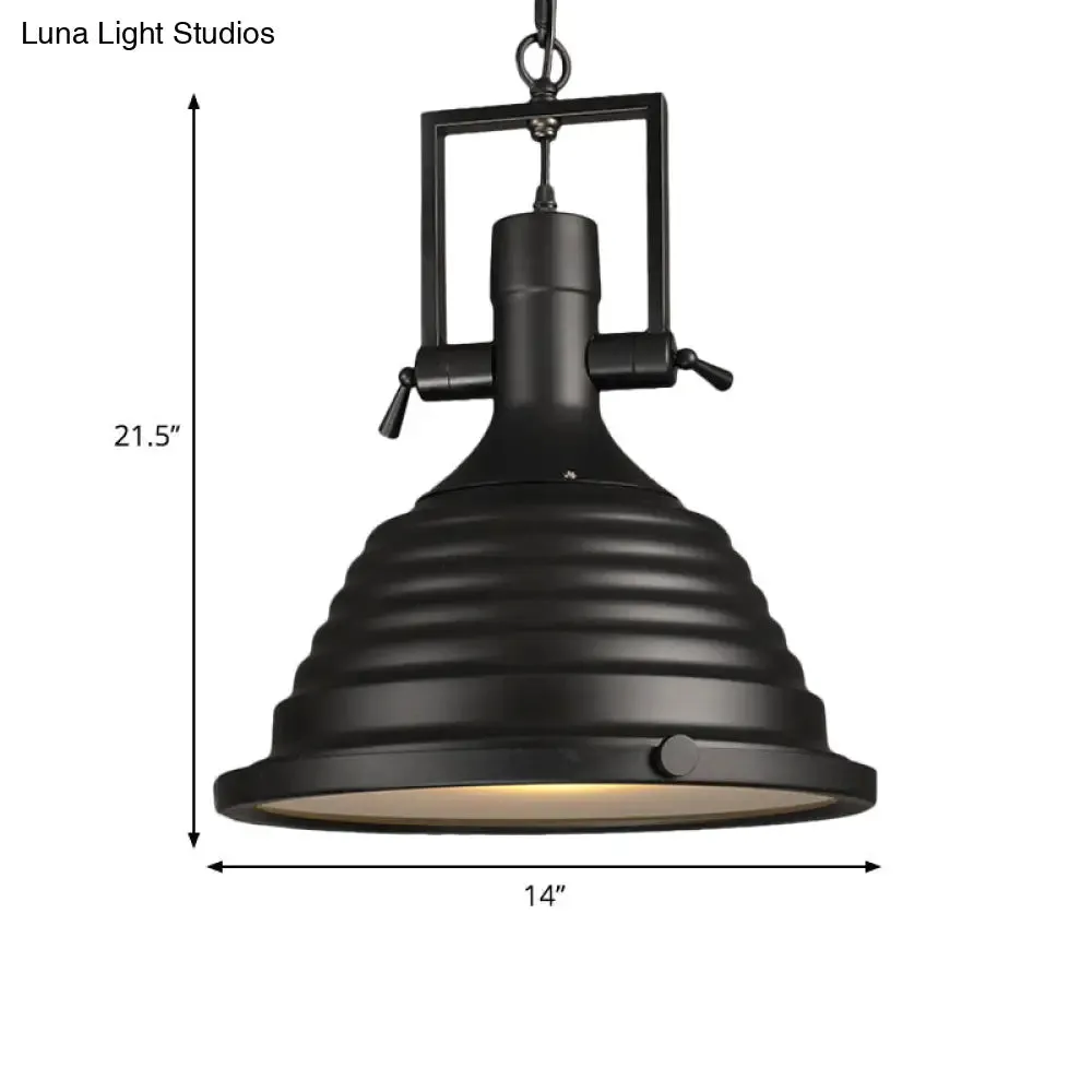 Industrial Style Black Pendant Lamp with Metallic Ripple Shade and Frosted Diffuser - 14"/16" Width