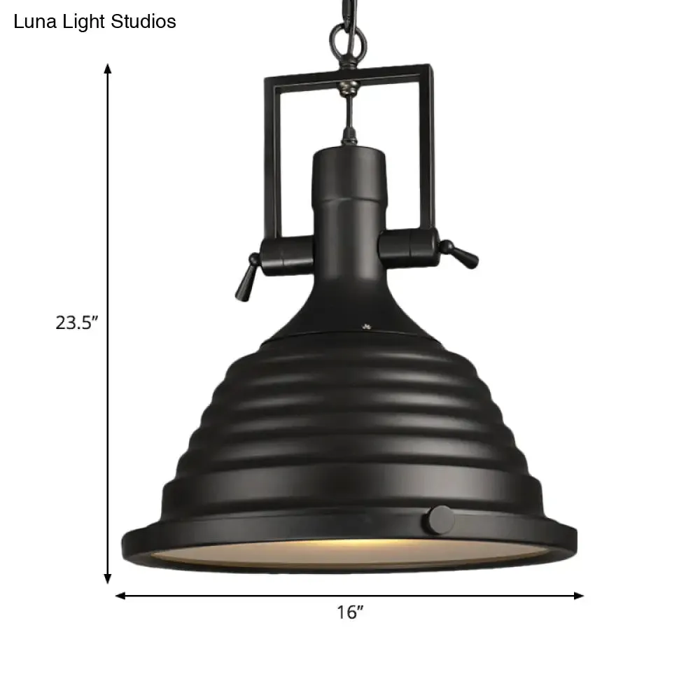 Industrial Style Black Pendant Lamp with Metallic Ripple Shade and Frosted Diffuser - 14"/16" Width