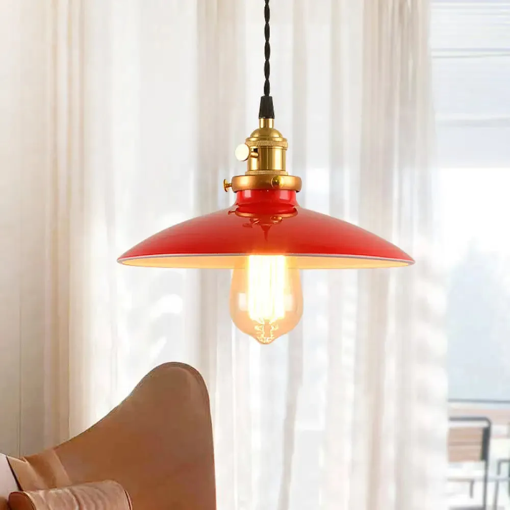 Industrial Style Bowl Pendant Lamp 10"/12.5" Wide - 1 Light Metal Hanging Light in Black/White/Red