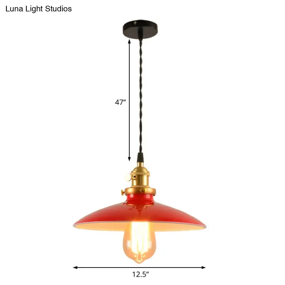 Industrial Style Bowl Pendant Lamp 10"/12.5" Wide - 1 Light Metal Hanging Light in Black/White/Red