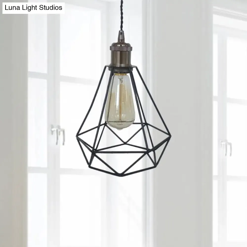 Industrial Style Mini Pendant Lighting with Cage Shade - 1 Light, Black/Bronze Metal Ceiling Lamp for Table