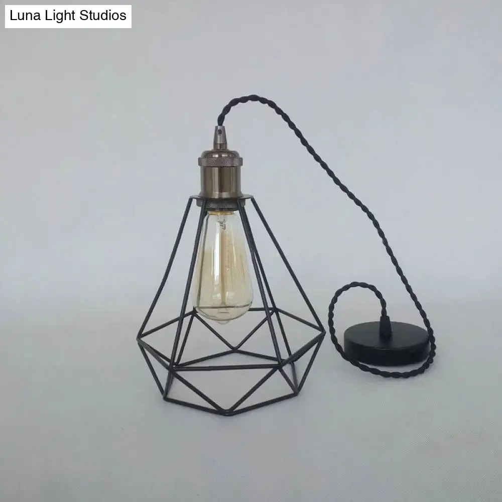 Industrial Style Mini Pendant Lighting with Cage Shade - 1 Light, Black/Bronze Metal Ceiling Lamp for Table