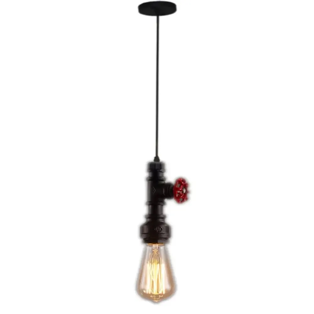 Industrial Water Pipe Bedside Pendant Light Fixture: 1-Head Wrought Iron Hanging Lamp