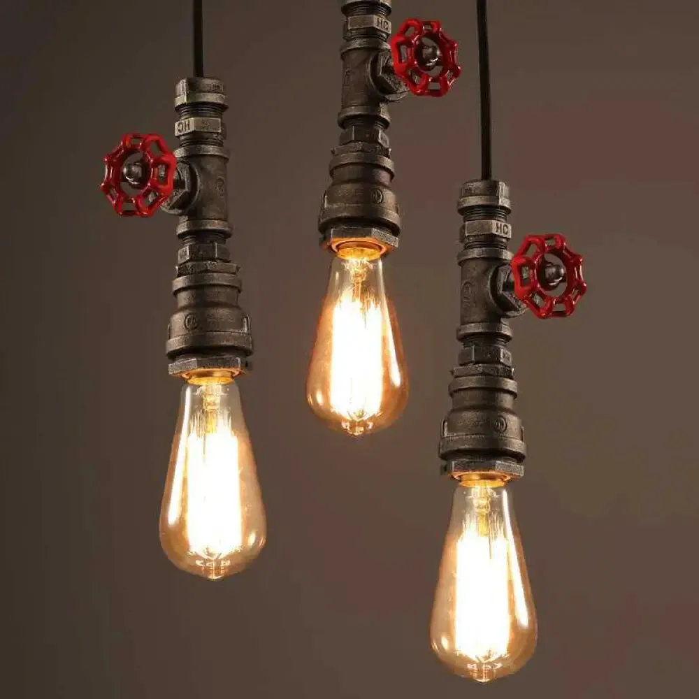 Industrial Water Pipe Bedside Pendant Light Fixture: 1-Head Wrought Iron Hanging Lamp