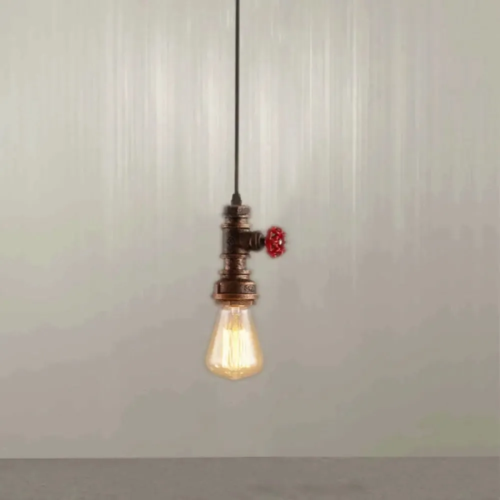 Industrial Water Pipe Bedside Pendant Light Fixture: 1-Head Wrought Iron Hanging Lamp