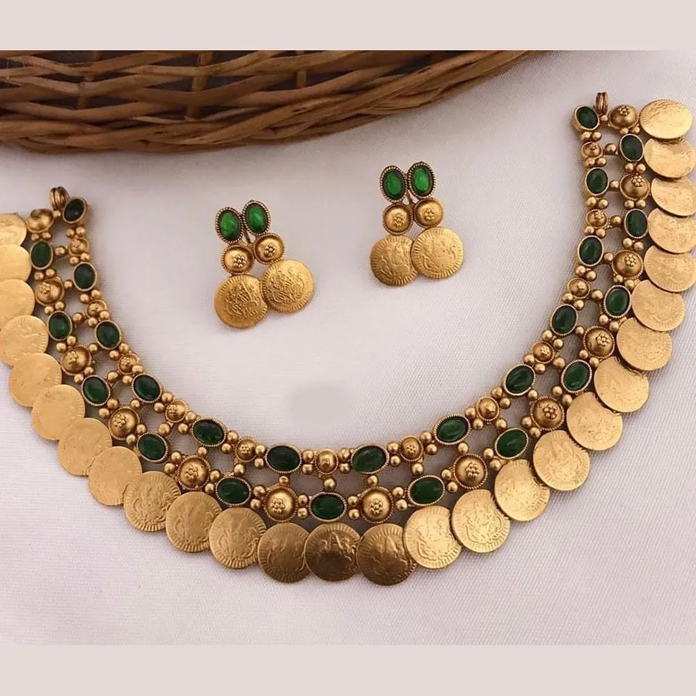 JewelMaze Gold Plated Pota Stone And Temple Choker Necklace Set